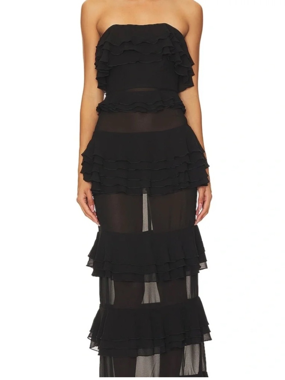 NBD Black Strapless Ruffled Sheer Maxi Dress